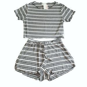 FREE PEOPLE Movement striped ribbed knit lounge pajamas shorts top set Sz M NEW